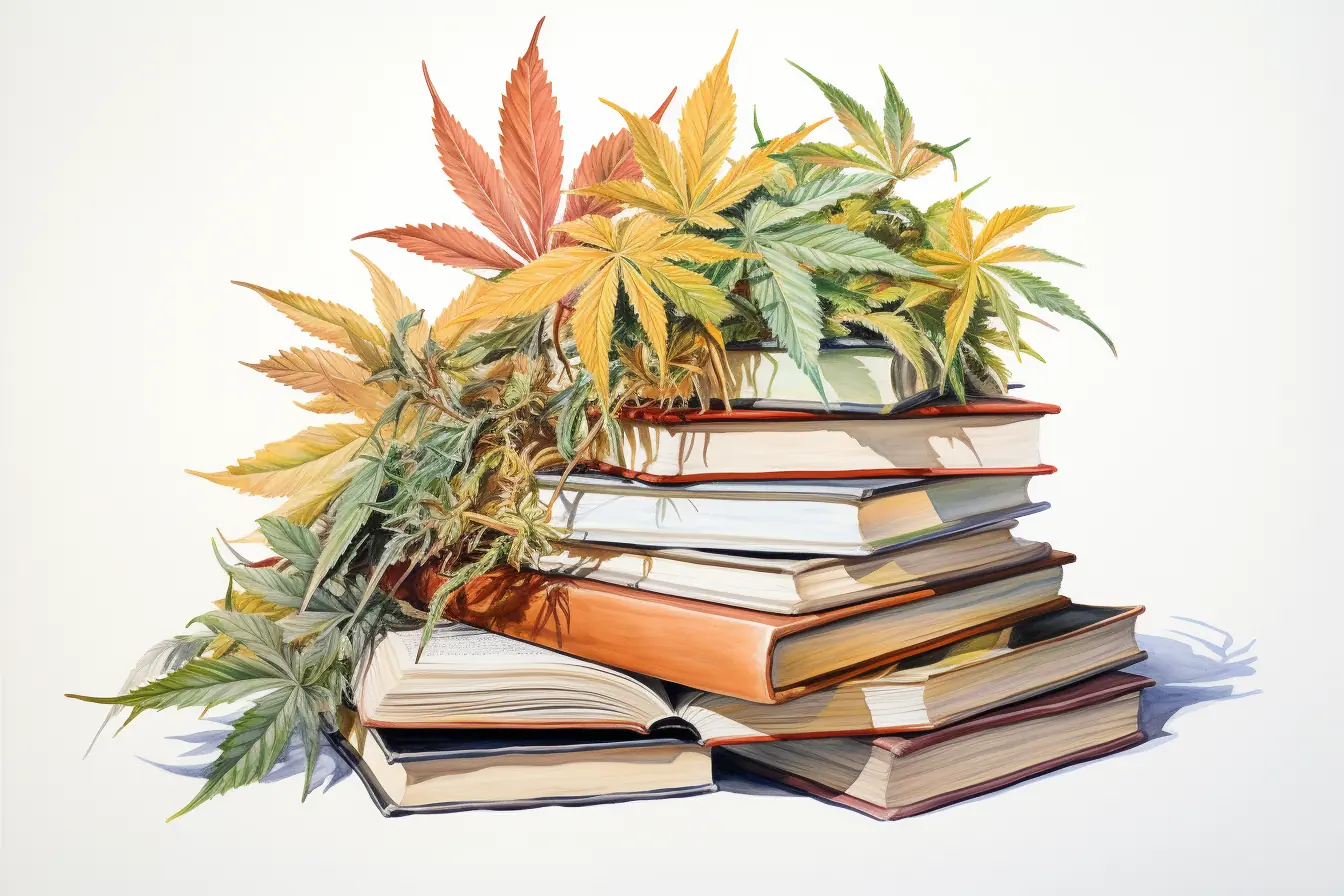 Eine Komposition von Büchern und Cannabisblättern in hellen Tönen Ein Haufen von Büchern mit ein paar Cannabisblättern verziert