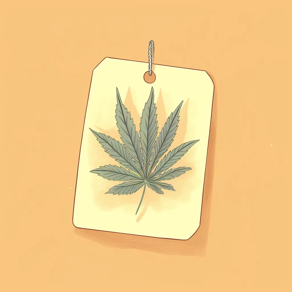 Ein Schild, das ein feines Cannabisblatt darstellt und Informationen bereitstellt. Ein Preisschild mit einem befestigten Cannabisblatt, das für den Cannabis Social Club in Würzburg wirbt.