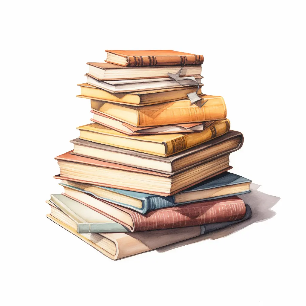 Ein Stapel von Büchern in zarten Farben, der fast zum Leben erweckt wird. Eine Anordnung von Büchern in hellen Tönen, die fast realistisch aussieht.