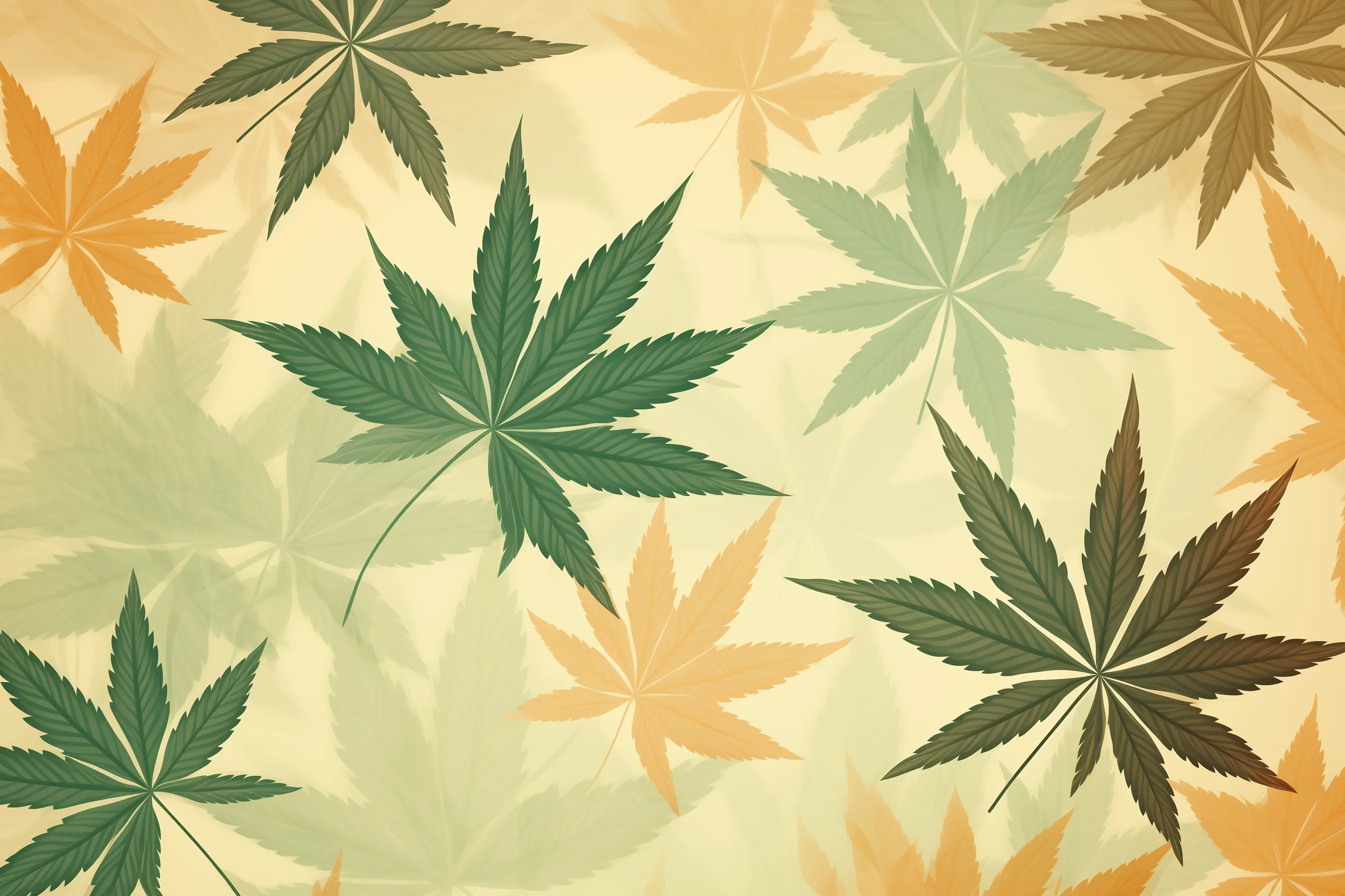 Ein Muster aus Cannabisblättern auf beigem Hintergrund, erstellt für einen Cannabis Social Club in Würzburg Ein zartes Muster aus Hanfblättern in sanften Farben, gestaltet für einen Cannabis Social Club in Würzburg
